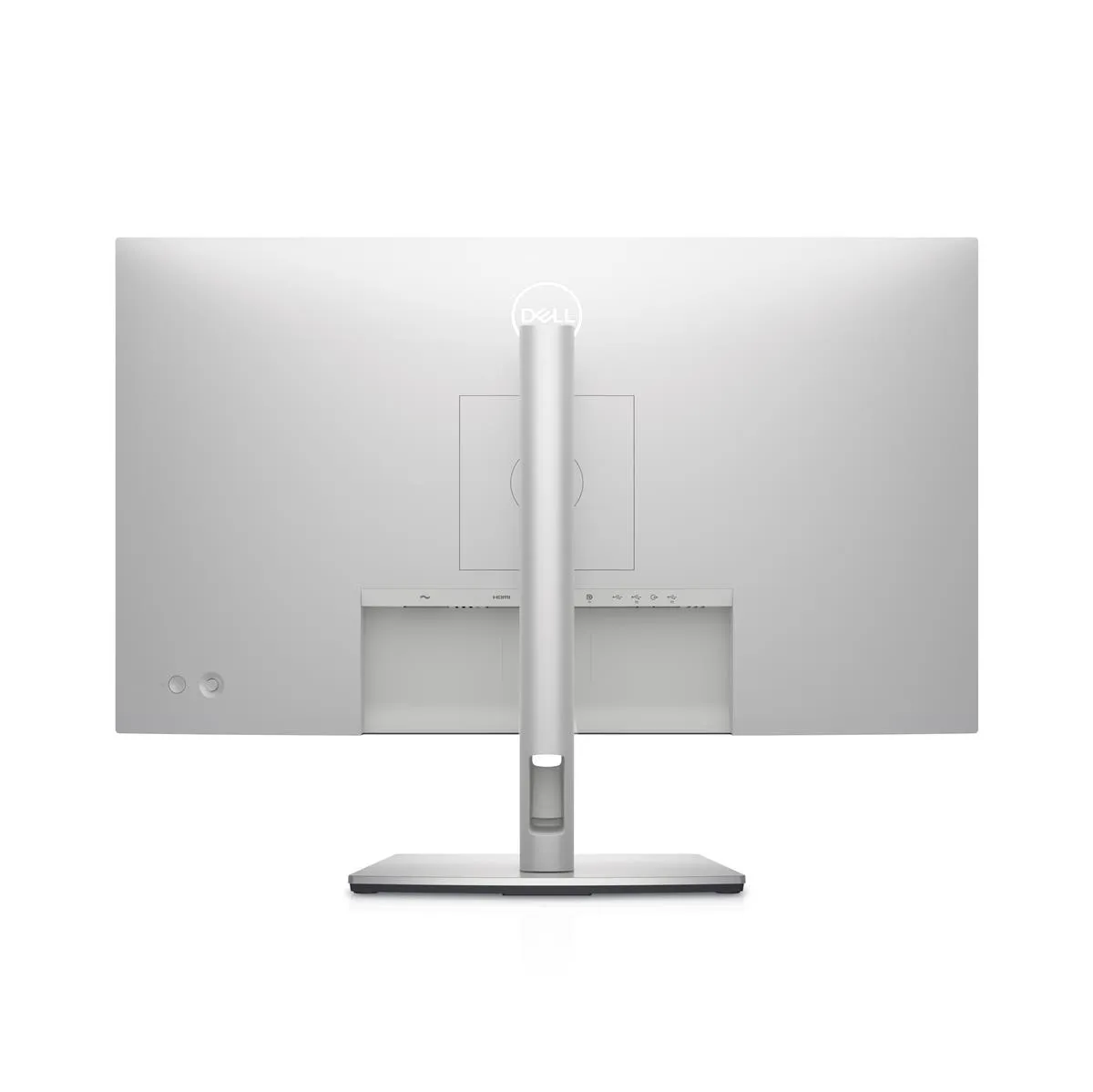 Dell UltraSharp U2722D Monitor in gerader Rückansicht mit zentralem Standfuß und Gehäuse.