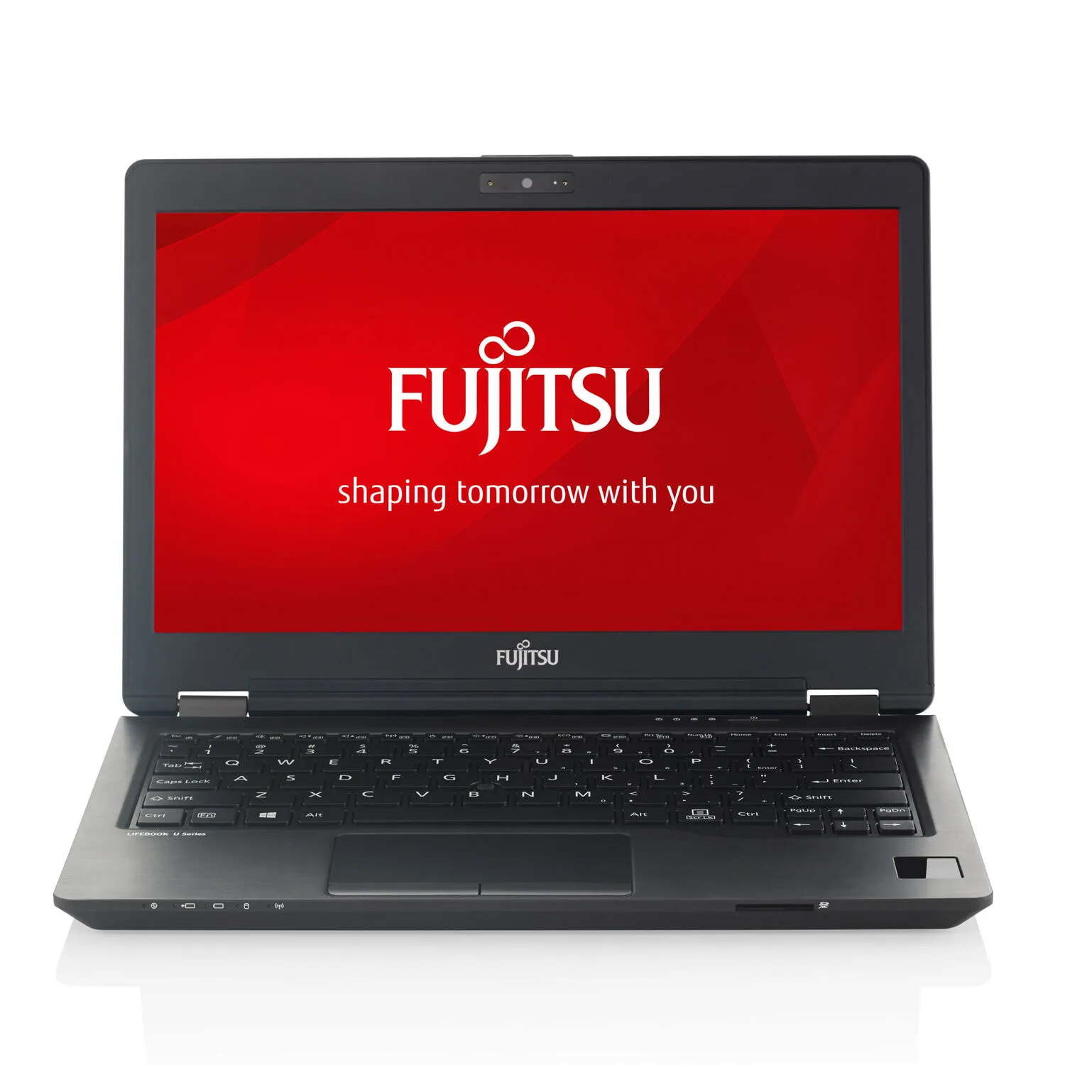 Geöffneter Fujitsu-Laptop, roter Startbildschirm mit weißem Logo und Slogan
