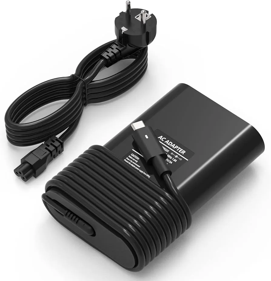 Schwarzes Dell Netzteil mit USB-C-Anschluss und zusätzlichem Stromkabel