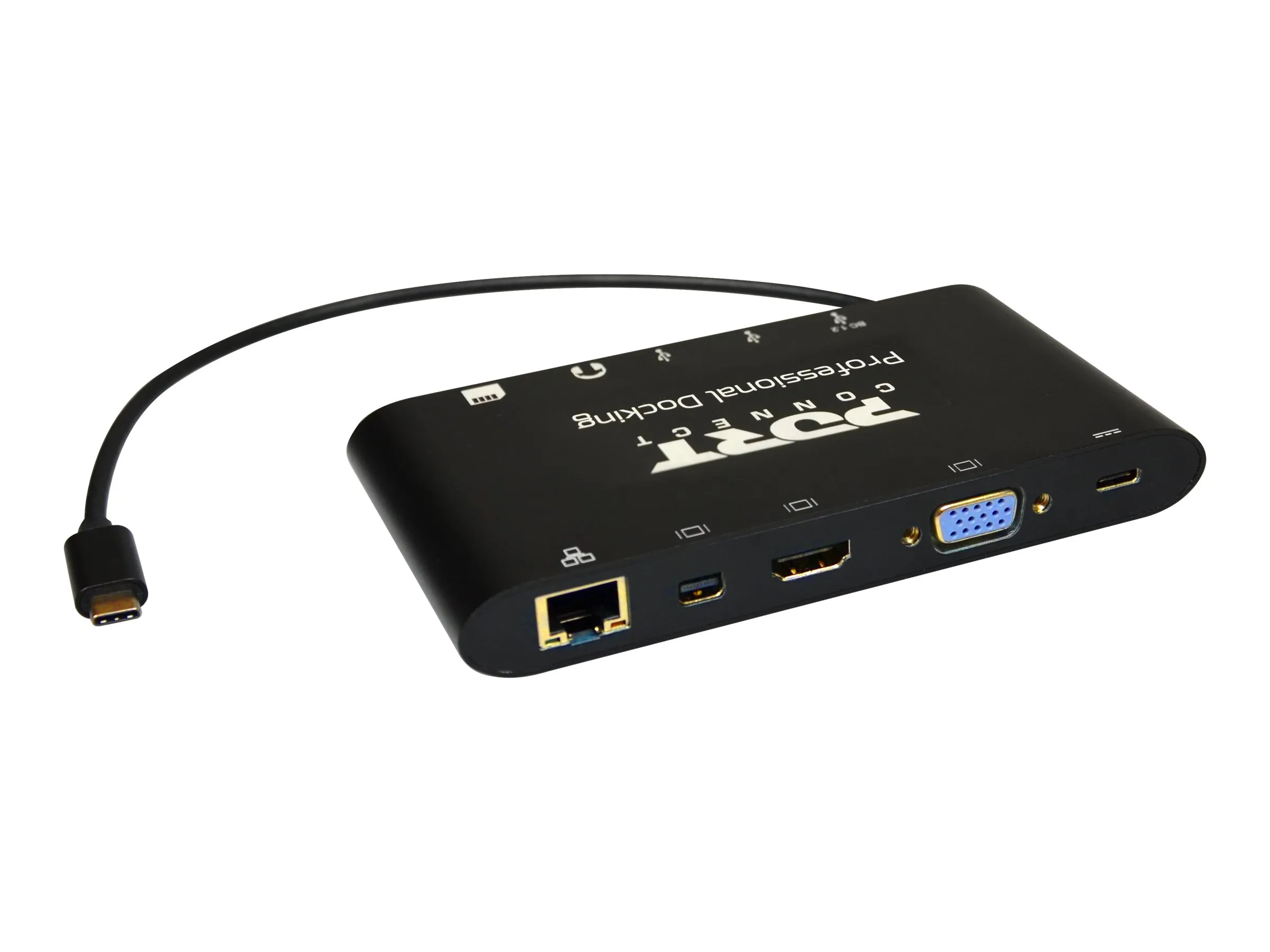 Schräg von oben gezeigter USB-C Dockingadapter mit integriertem Verbindungskabel