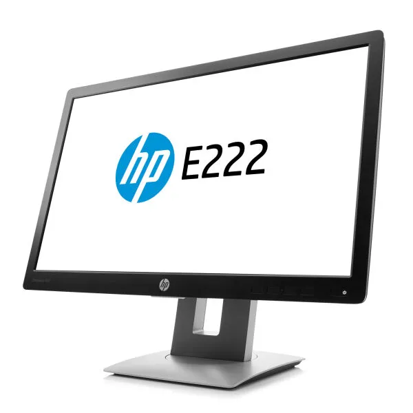 Seitlich geneigte Vorderansicht des HP E222 Monitors mit sichtbarem Bildschirm und HP-Logo