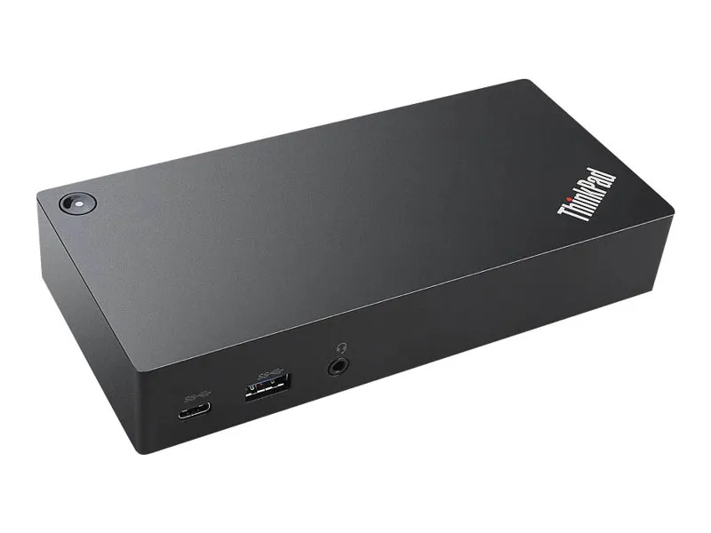 Schwarze Lenovo Dock mit VGA, DisplayPort, Ethernet und USB 3.0 – schräge Frontansicht