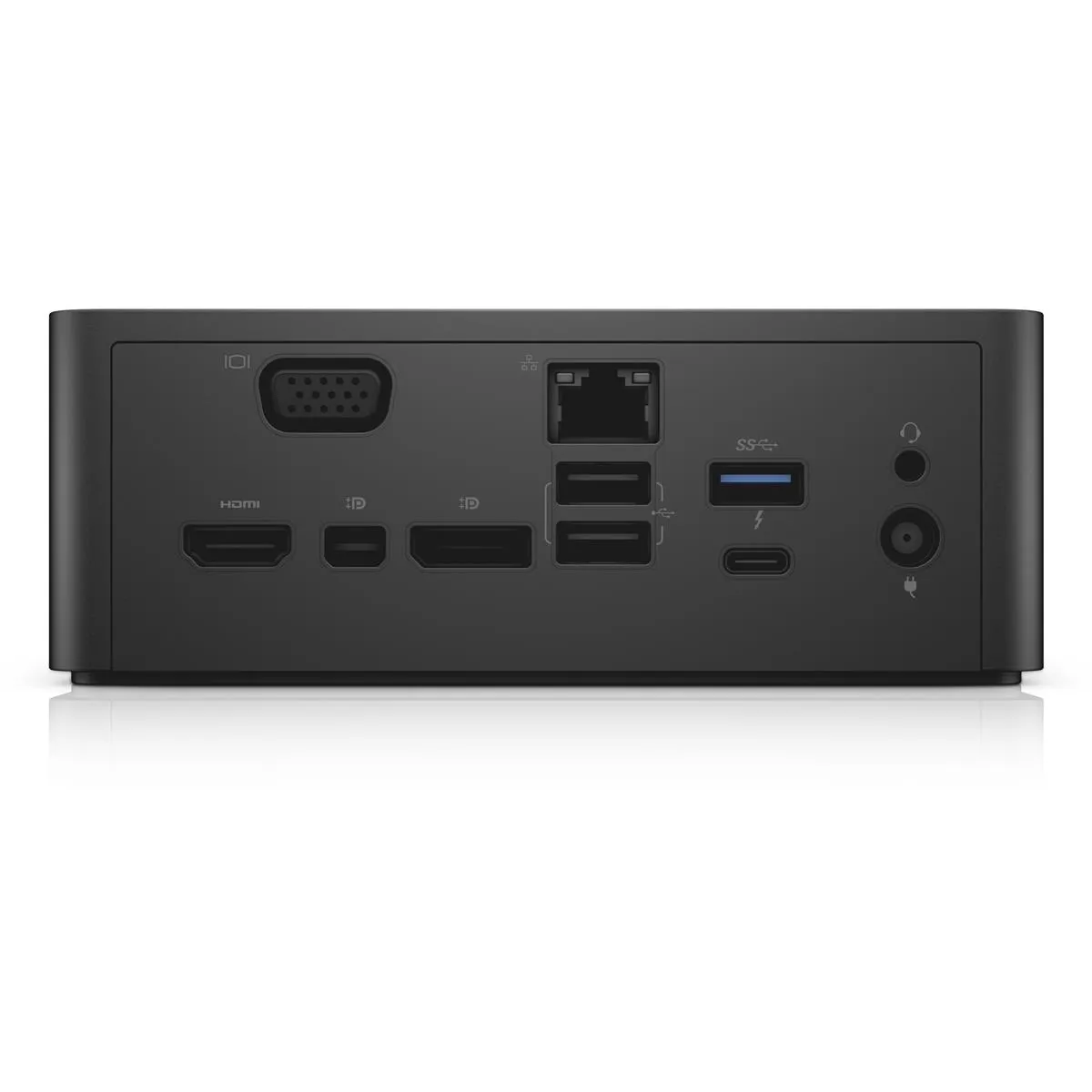 Rückseite einer Dell Dockingstation mit vielseitigen Anschlüssen wie HDMI, VGA, DisplayPort, Ethernet und USB