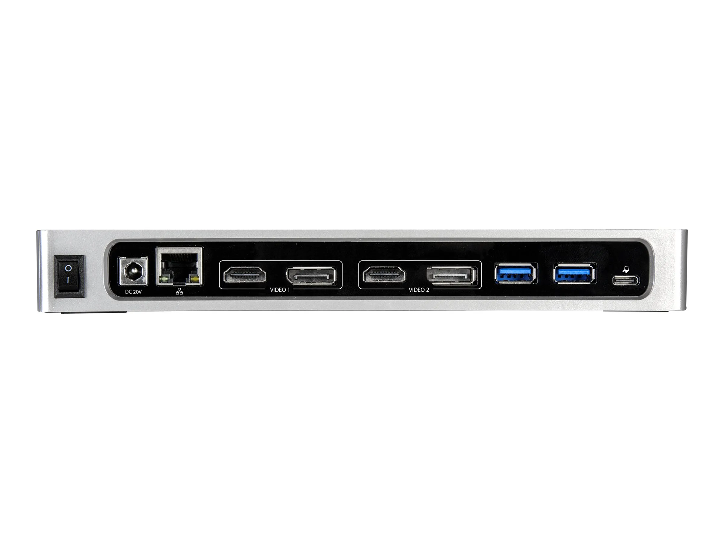 Rückseite der StarTech.com Dockingstation mit HDMI-, DisplayPort-, USB- und Ethernet-Anschlüssen