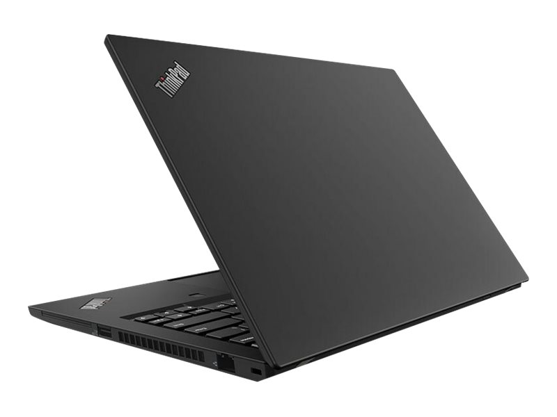 Lenovo ThinkPad T490s – Rückansicht des teilweise geöffneten Laptops mit sichtbarem ThinkPad-Logo und seitlichen Anschlüssen