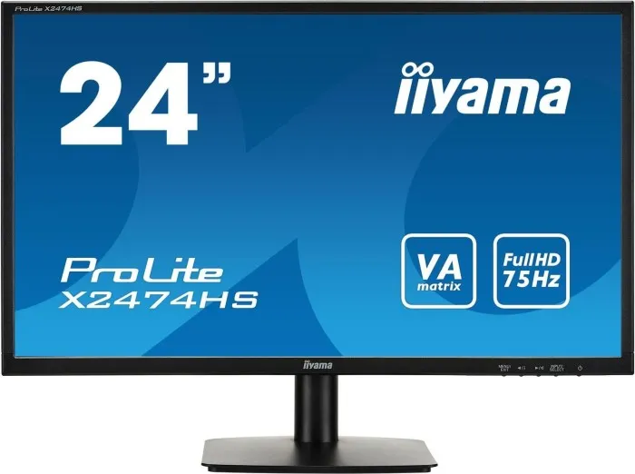 iiyama ProLite X2474HS Monitor mit 24 Zoll Bildschirmdiagonale, VA-Panel und 75 Hz Bildwiederholrate, Frontansicht mit Hersteller- und Modellinformationen auf dem Display