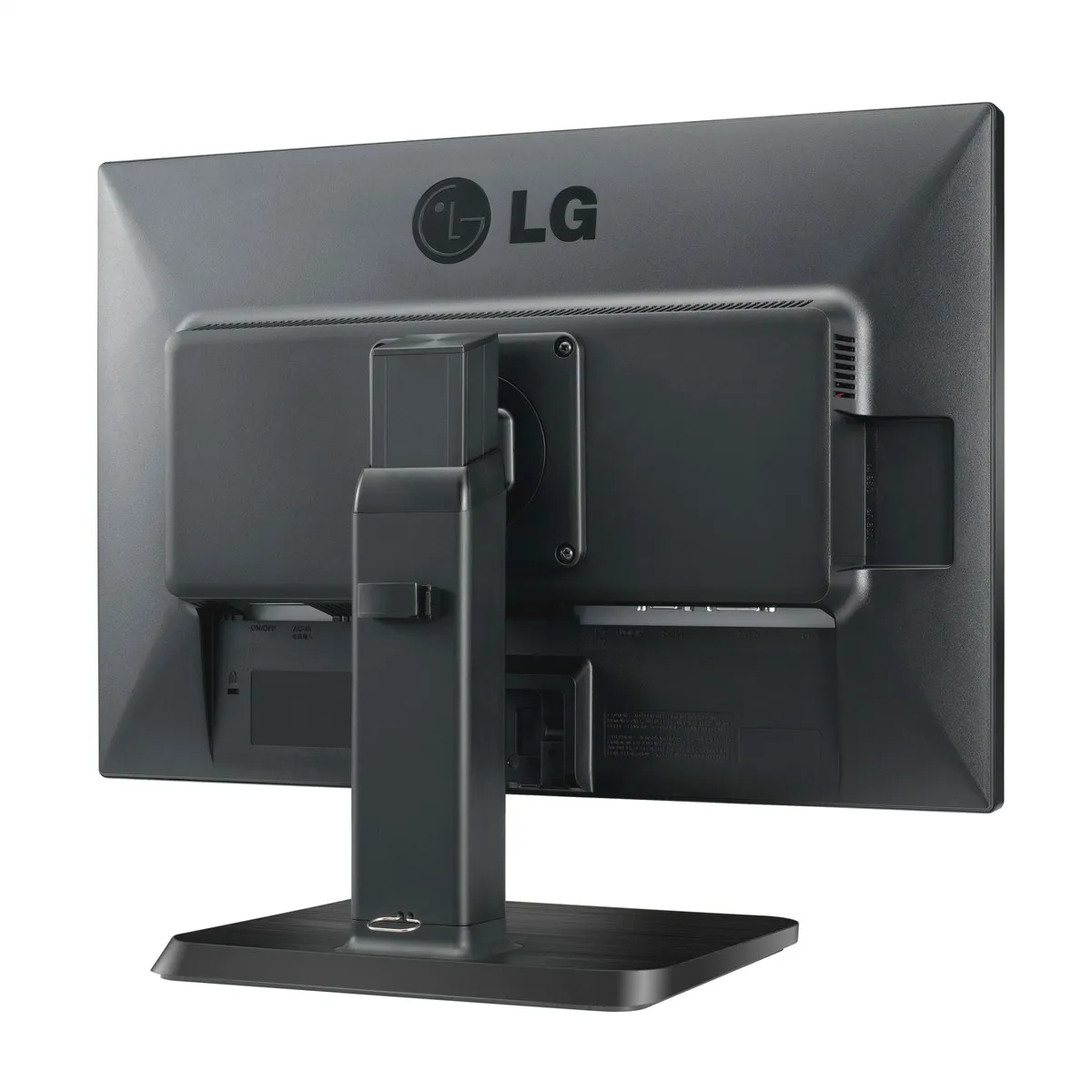 Schwarzer LG-Computermonitor von hinten, mit verstellbarem Standfuß und großem Markenaufdruck oben