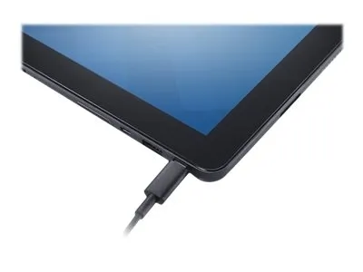 Schwarzes Tablet mit USB-C-Anschluss und eingestecktem Ladekabel