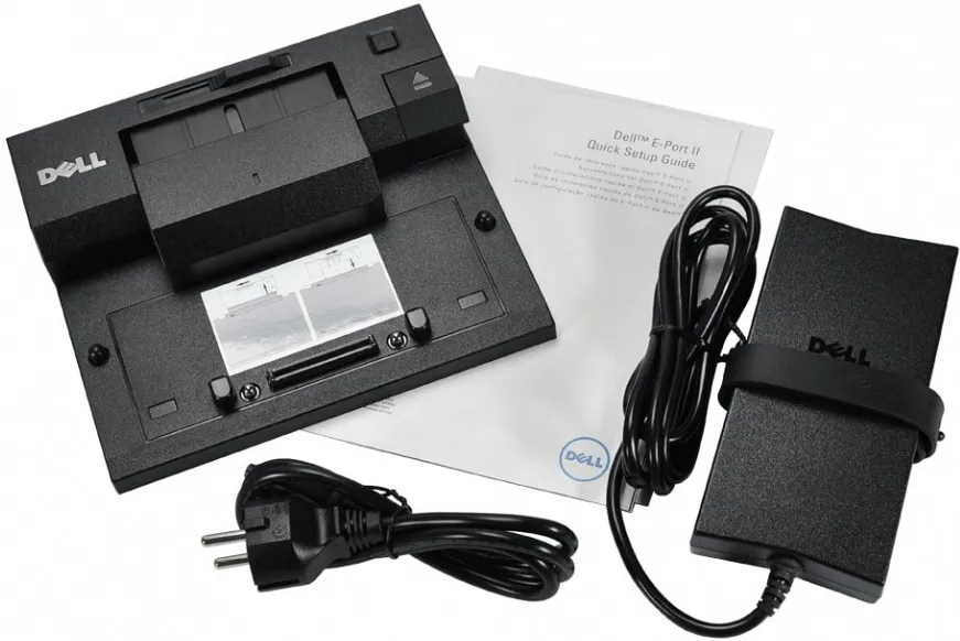 Dell Dockingstation mit Netzteil, Stromkabel und Schnellstartanleitung in kompletter Ansicht