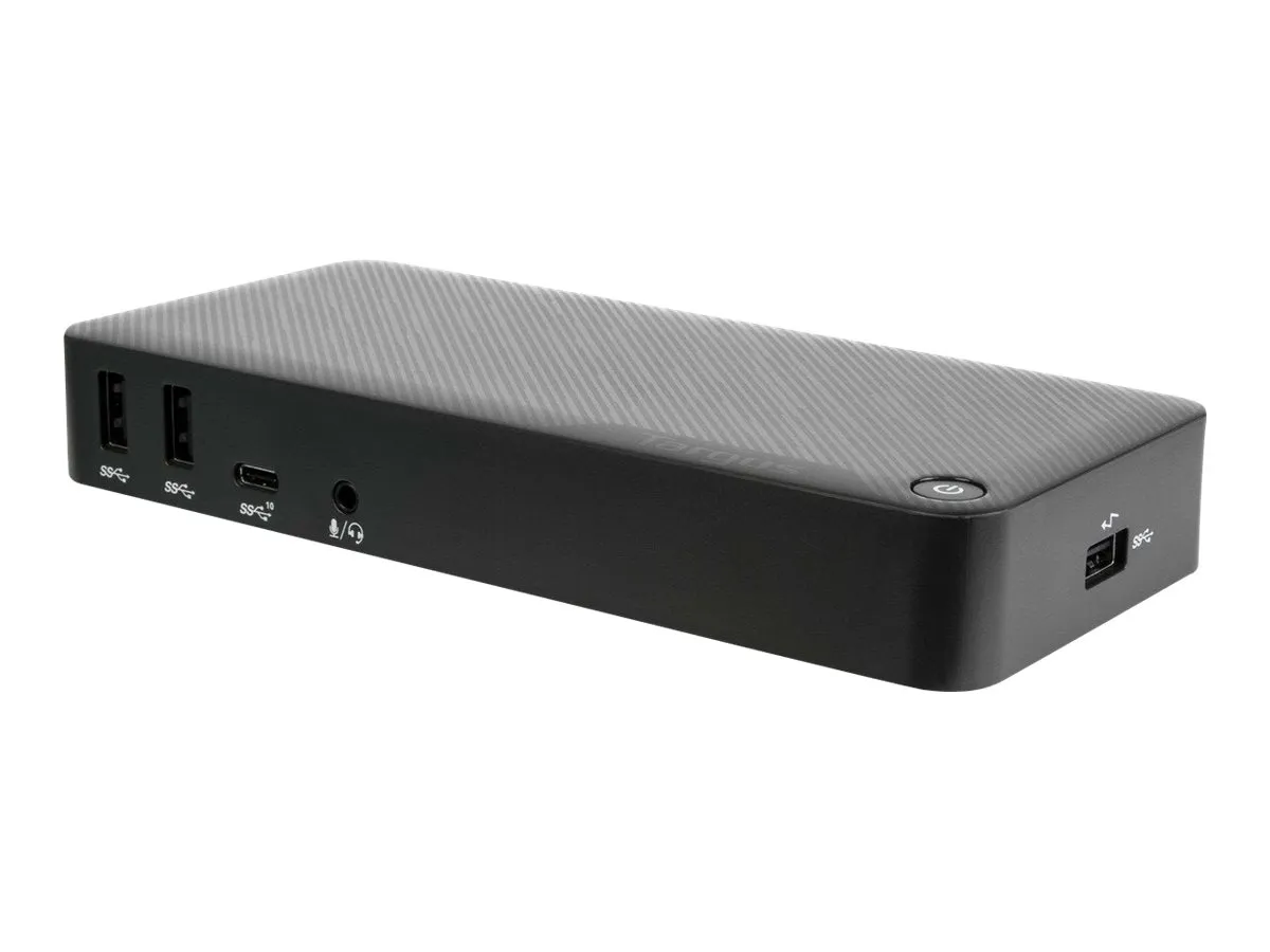 Targus Dockingstation mit zwei USB-A-Anschlüssen, einem USB-C-Anschluss, einem Audioausgang und seitlichem Netzanschluss