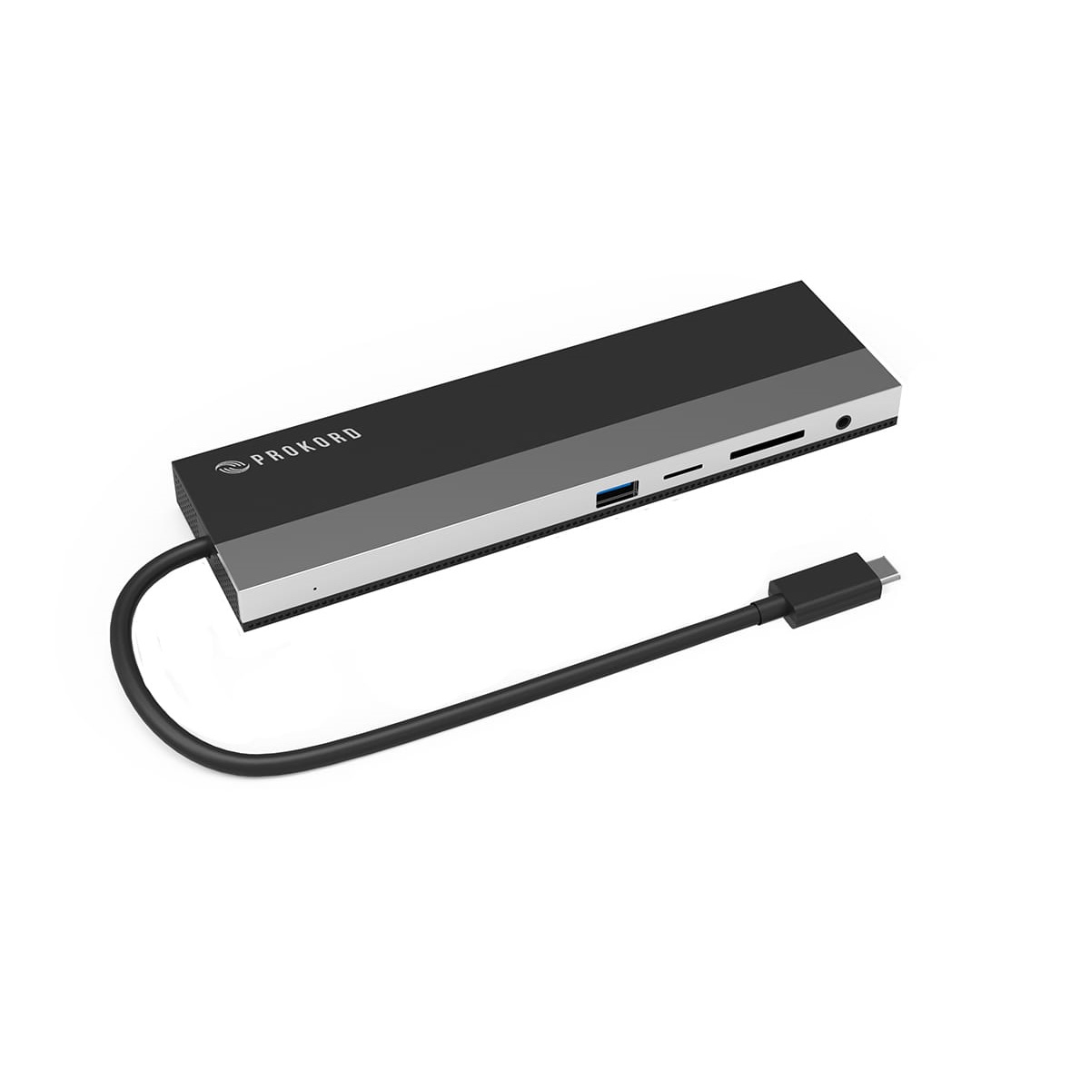 Rückansicht der Dockingstation mit USB-A, USB-C, SD-Kartenleser und Audioanschluss