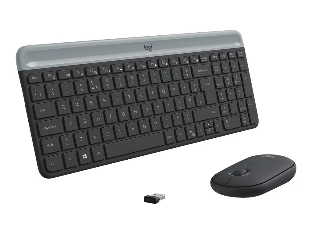 Moderne QWERTY-Tastatur mit kabelloser Maus und USB-Verbindungsmodul von Logitech
