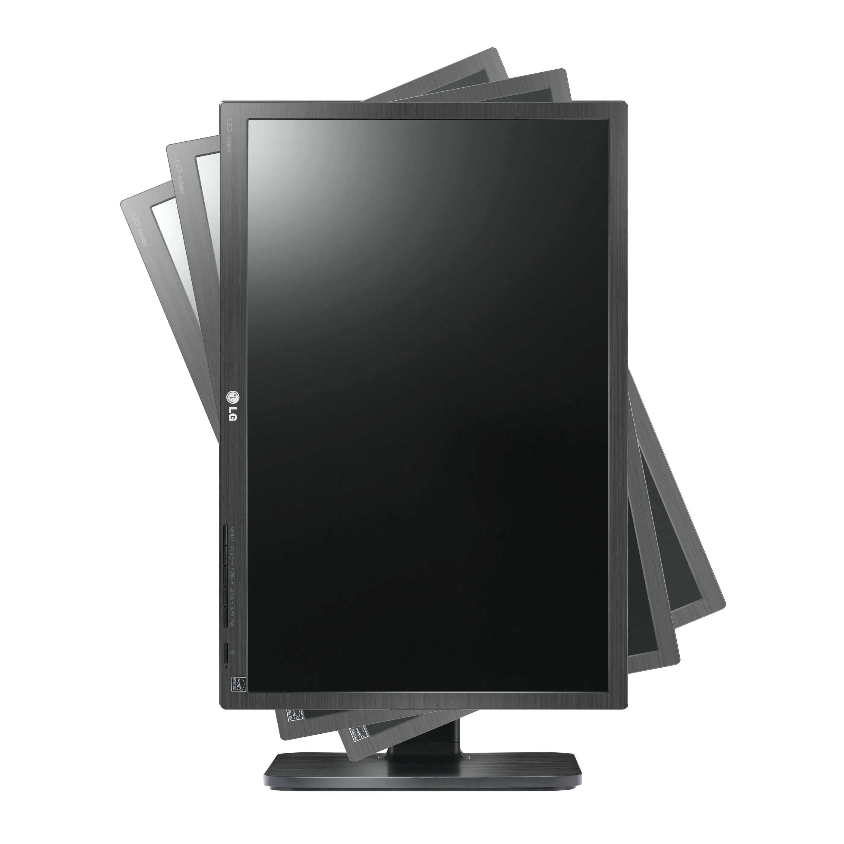 Schwarzer LG-Monitor im Hochformat mit angedeuteter Drehfunktion, mehrere Positionen im Hintergrund dargestellt