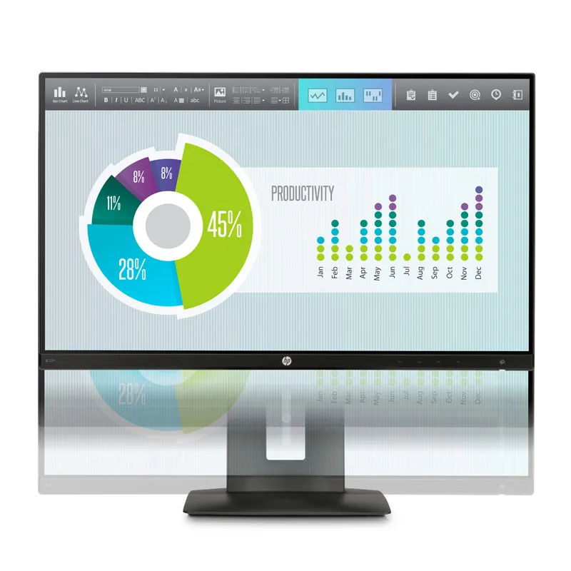 Frontale Darstellung des HP Z22n Monitors mit angedeuteter Transparenz zur Visualisierung der höhenverstellbaren Bildschirmposition