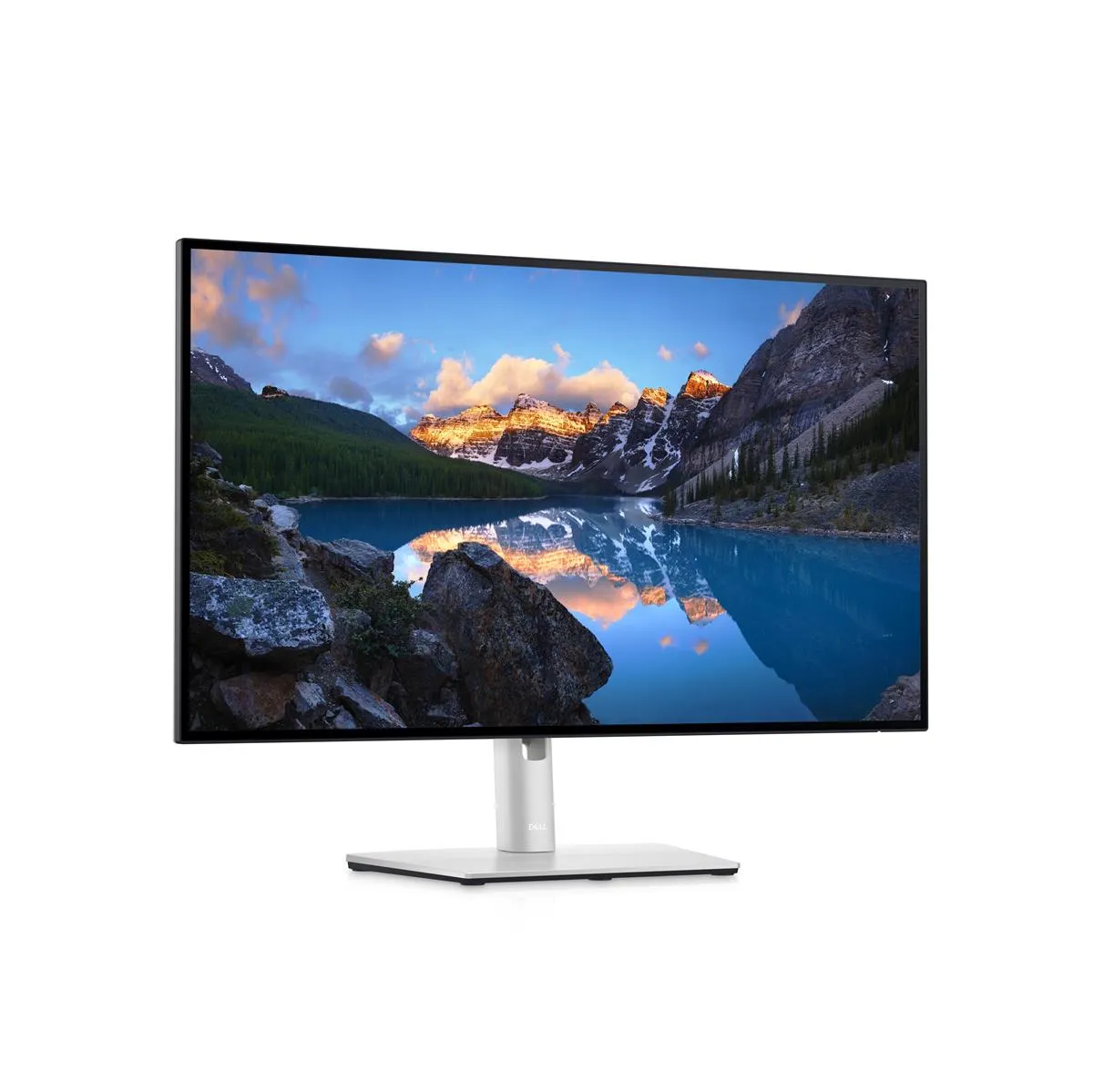 Dell UltraSharp U2722D Monitor in Frontalansicht mit Landschaftsbild auf dem Display.