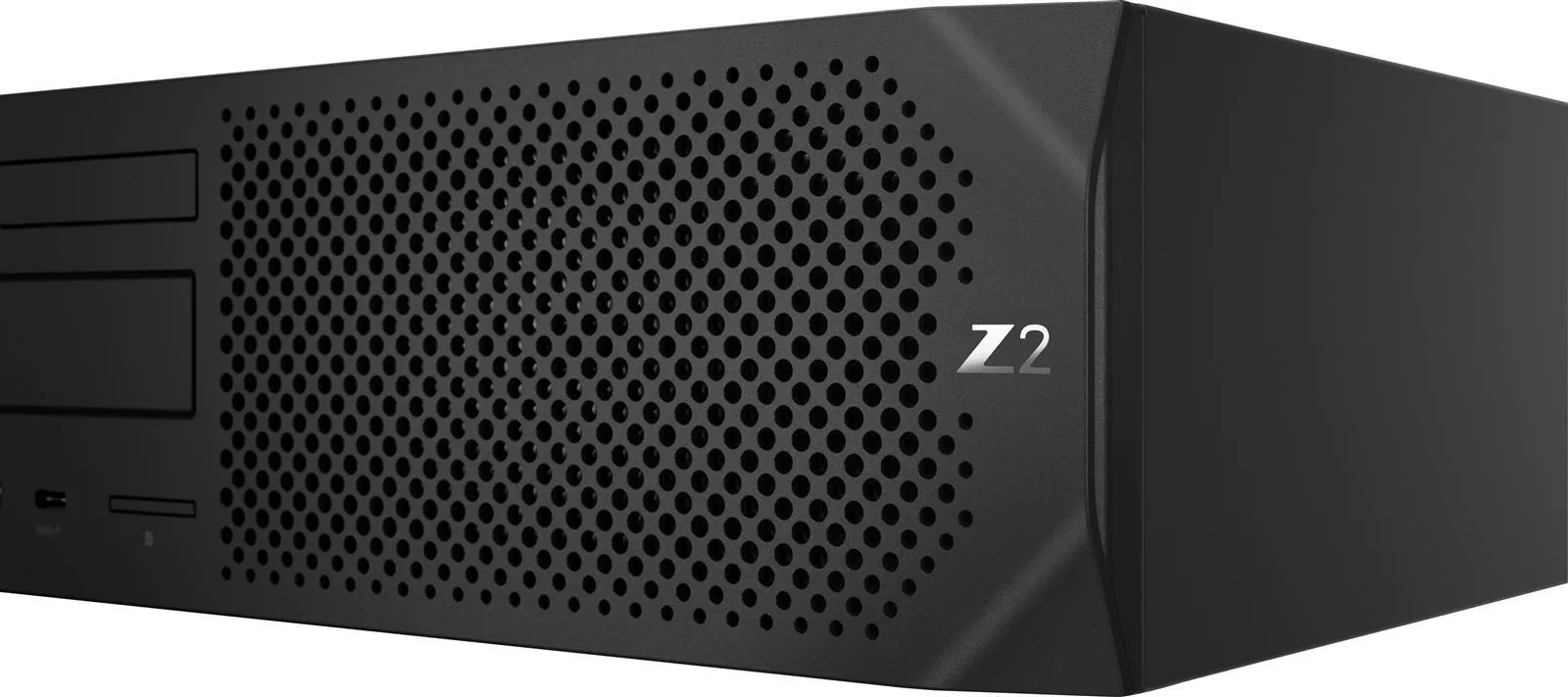 Rechtsseitige Schrägansicht einer HP Z2 Desktop-Workstation mit perforierter Frontfläche