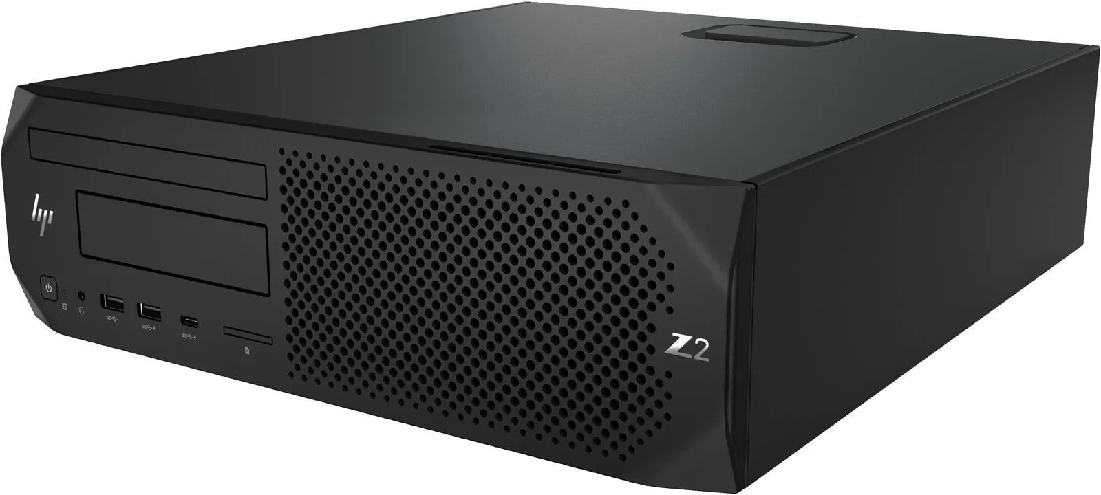 Abgewinkelte Gesamtansicht einer HP Z2 Workstation mit sichtbarer Front und Gehäuseoberseite
