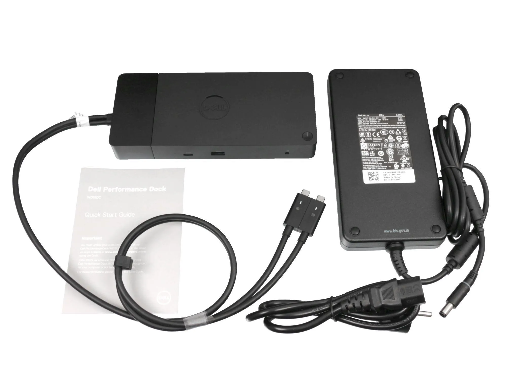 Lieferumfang der Dell WD19DCS K20A Dockingstation: Dockingstation, 240W-Netzteil, Netzkabel, USB-C-Kabel und Anleitung