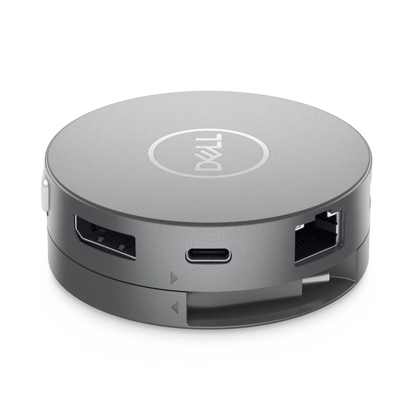 Silberner Dell DA310 Adapter mit eingebauten Ports, darunter HDMI, USB-C und LAN-Anschluss