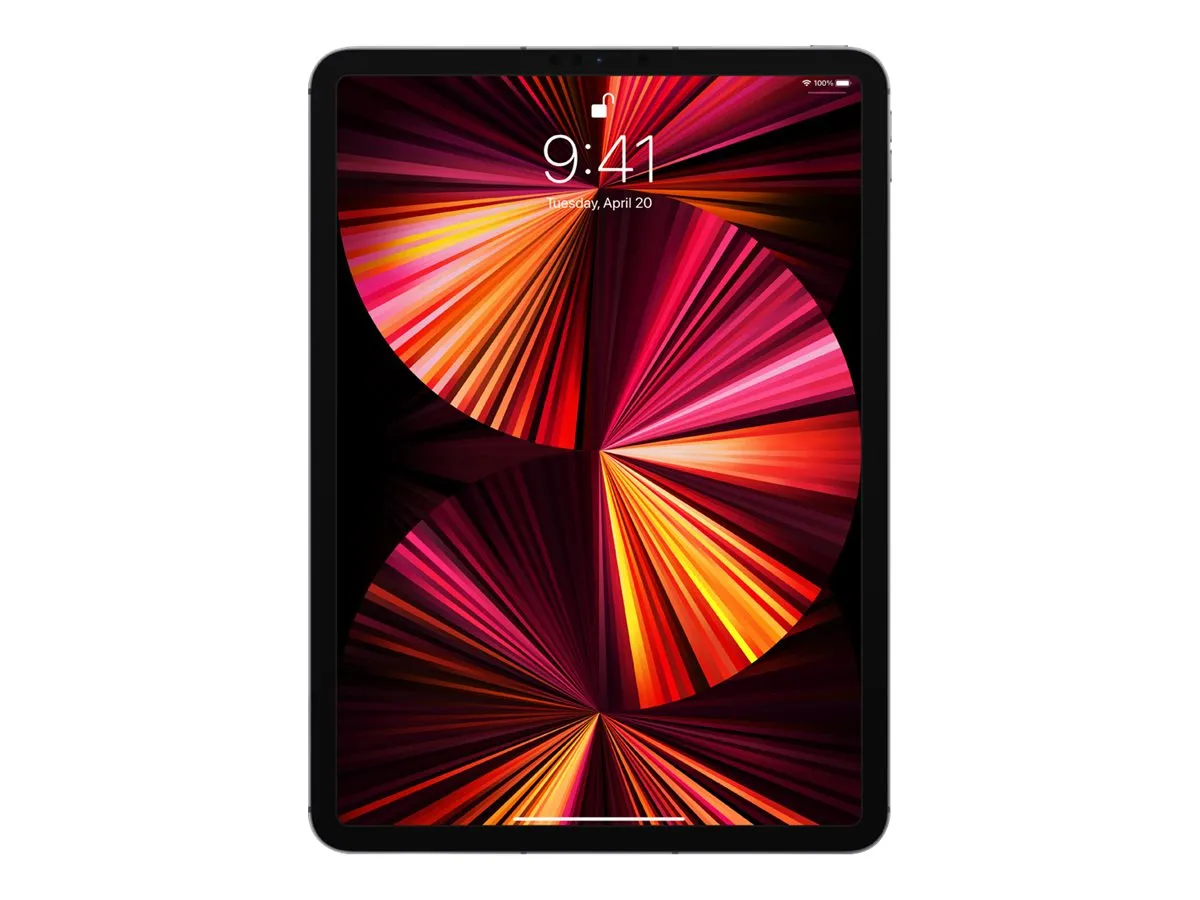 Apple iPad Pro mit farbenfrohem Displayhintergrund, frontal fotografiert mit angeschaltetem Bildschirm