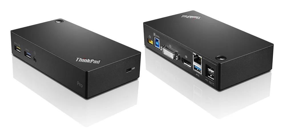 Zwei Ansichten der Lenovo ThinkPad Pro Dock 40A7: Vorderseite mit USB-Anschlüssen und Rückseite mit Anschlussmöglichkeiten