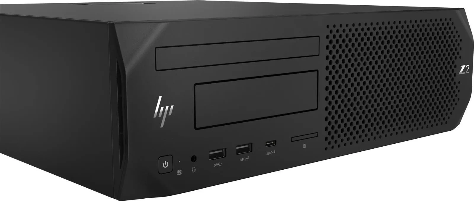 HP Z2 Workstation in Schrägansicht von links, zeigt Anschlüsse, Laufwerke und HP-Logo