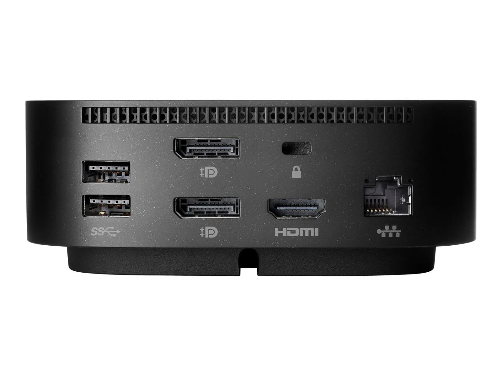 HP USB-C Dockingstation G5 in Rückansicht mit DisplayPort, HDMI und Netzwerkanschluss.