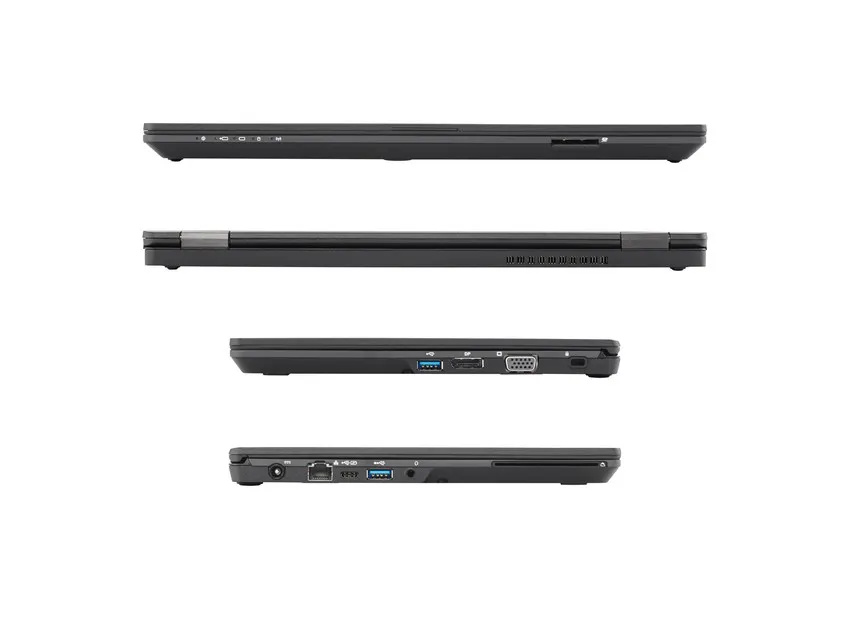 Vier Seitenansichten eines geschlossenen Fujitsu-Laptops mit verschiedenen Anschlüssen