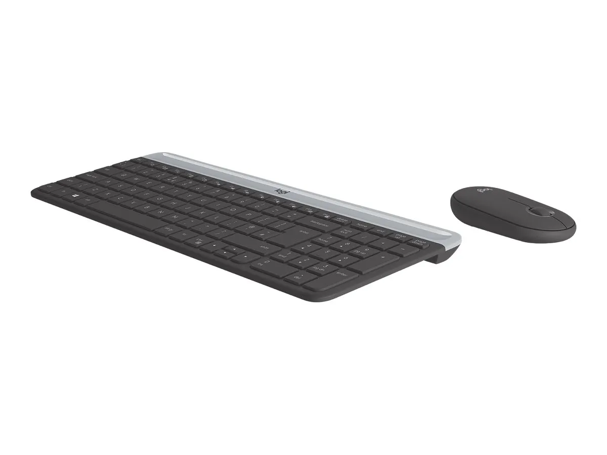 Draufsicht von schräg hinten auf ein kabelloses Logitech-Tastatur-Maus-Set in flachem Design