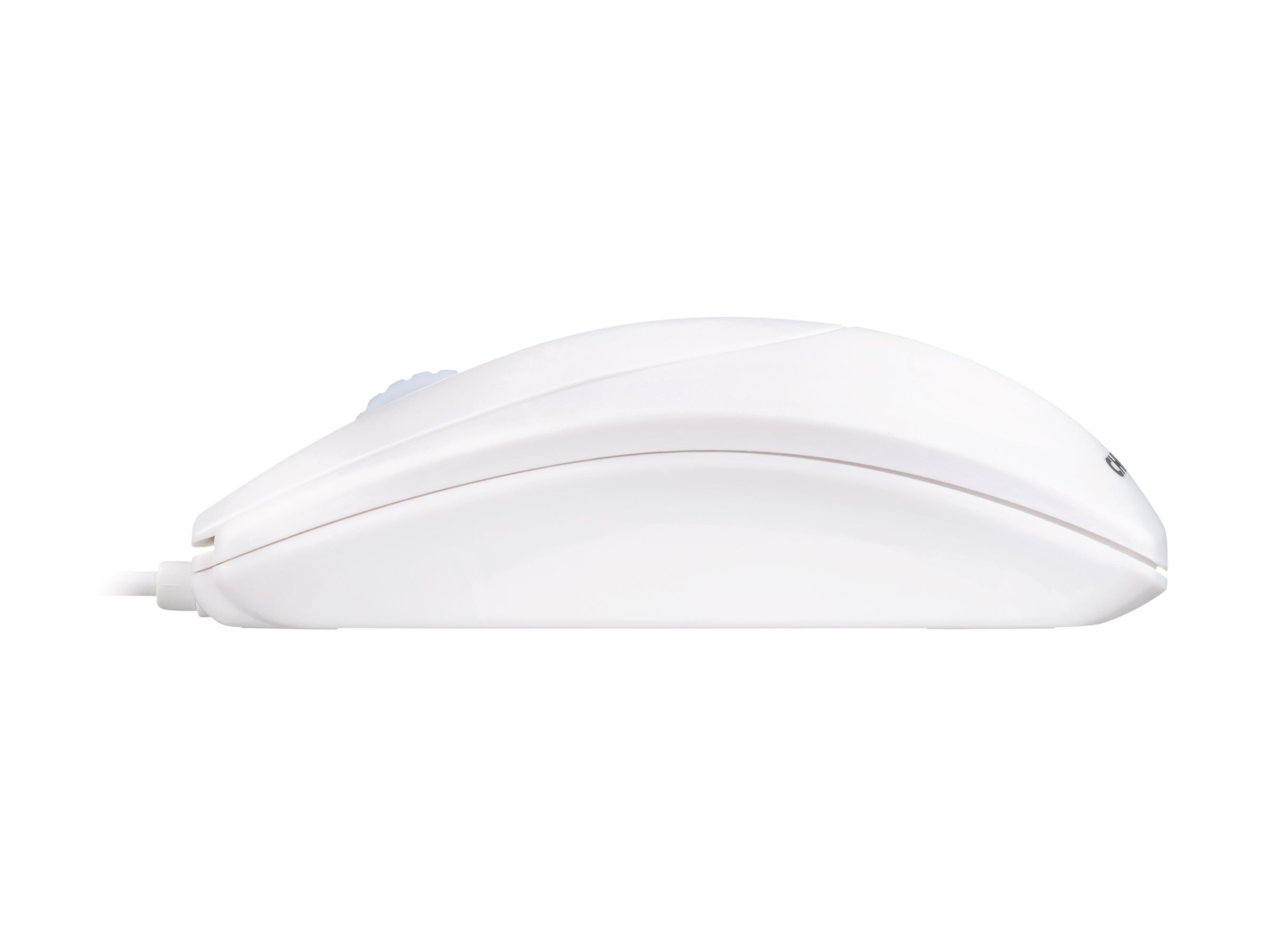 Weiße kabelgebundene Maus in seitlicher Ansicht mit ergonomischer Form