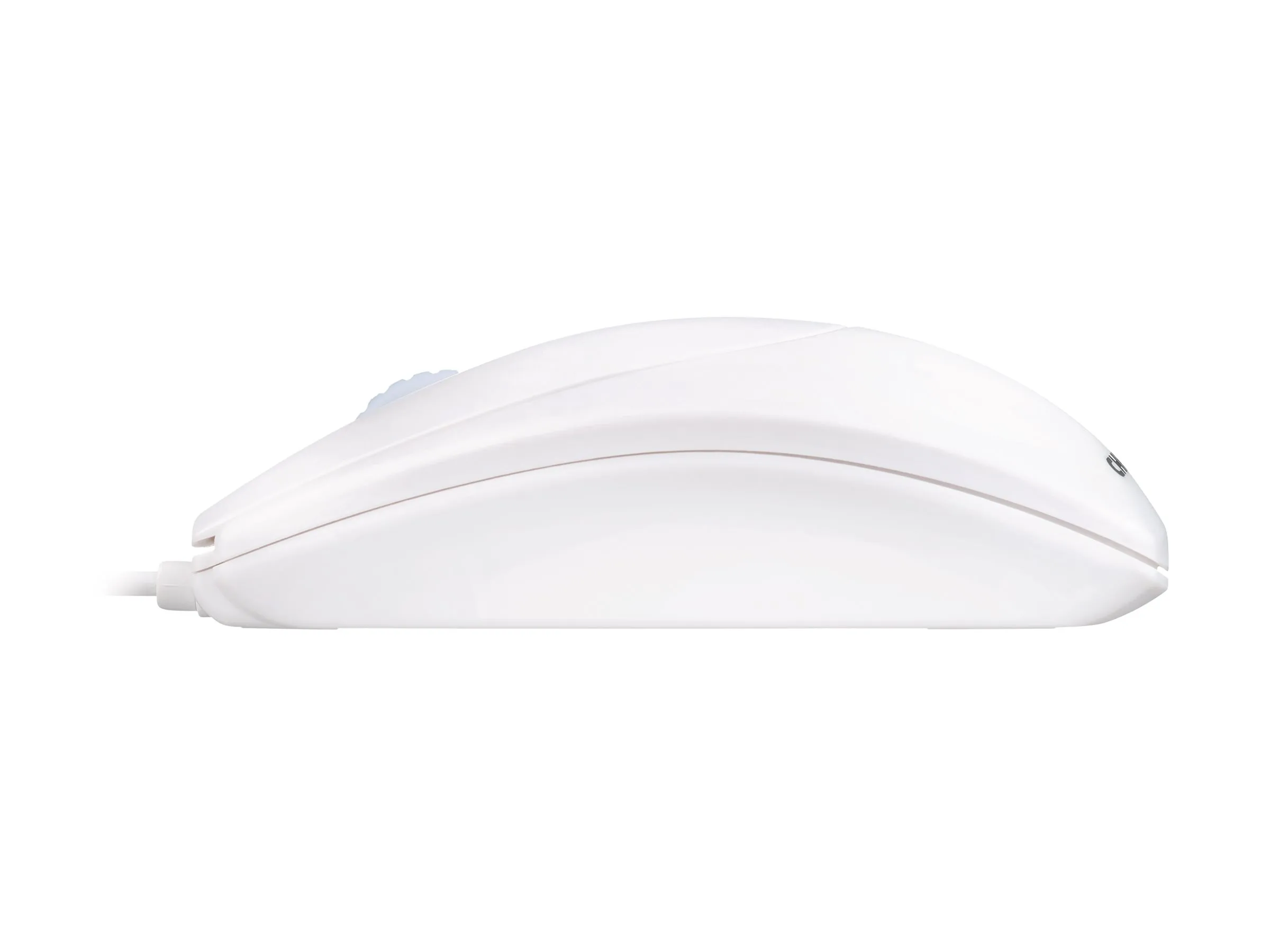Weiße kabelgebundene Maus in seitlicher Ansicht mit ergonomischer Form