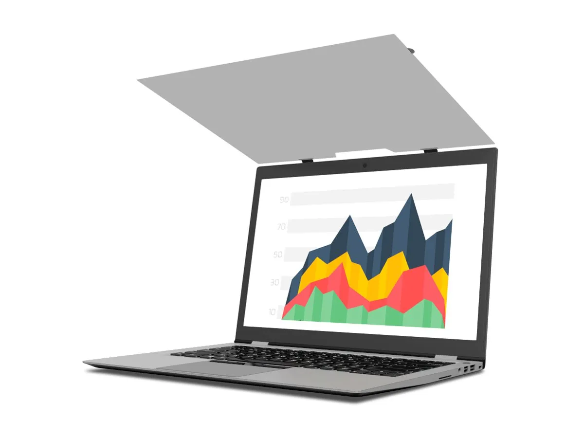 Laptop mit bunter Diagrammvisualisierung auf dem Bildschirm – ergänzt durch einen Sichtschutzfilter