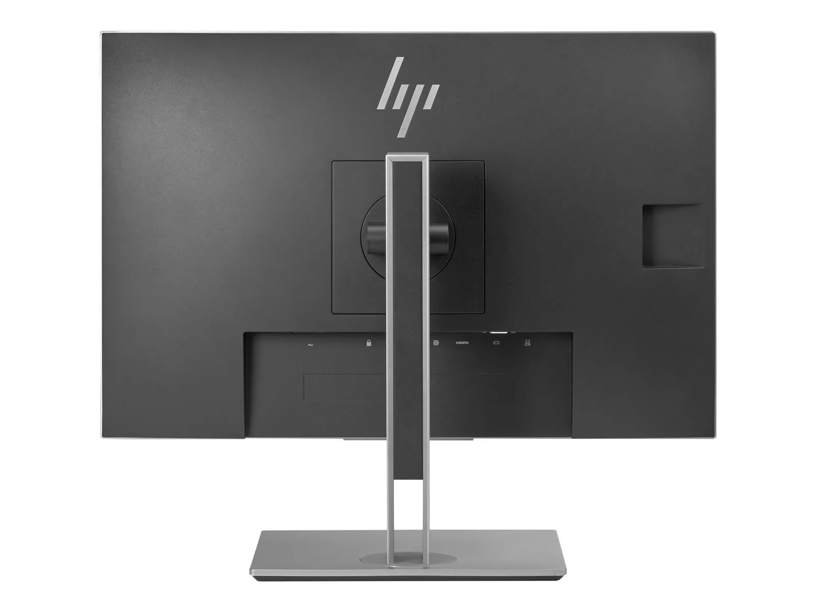 HP Bildschirm von hinten, schwarzes Gehäuse mit silbernem Standfuß in rechteckiger Form