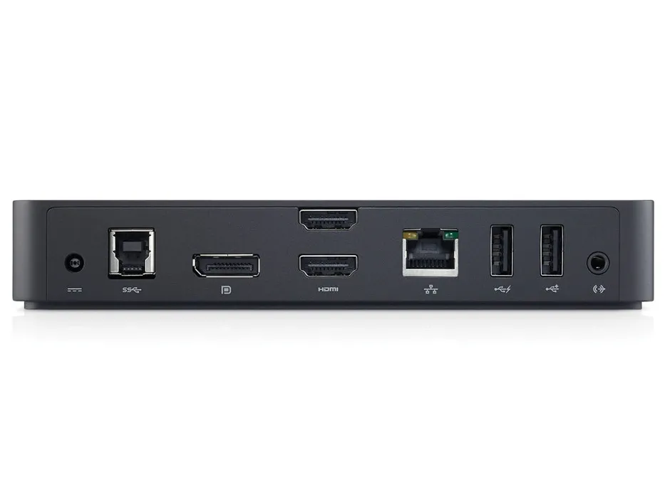 Dell D3100 Dock Rückansicht mit Video-, Netzwerk- und USB-Anschlüssen