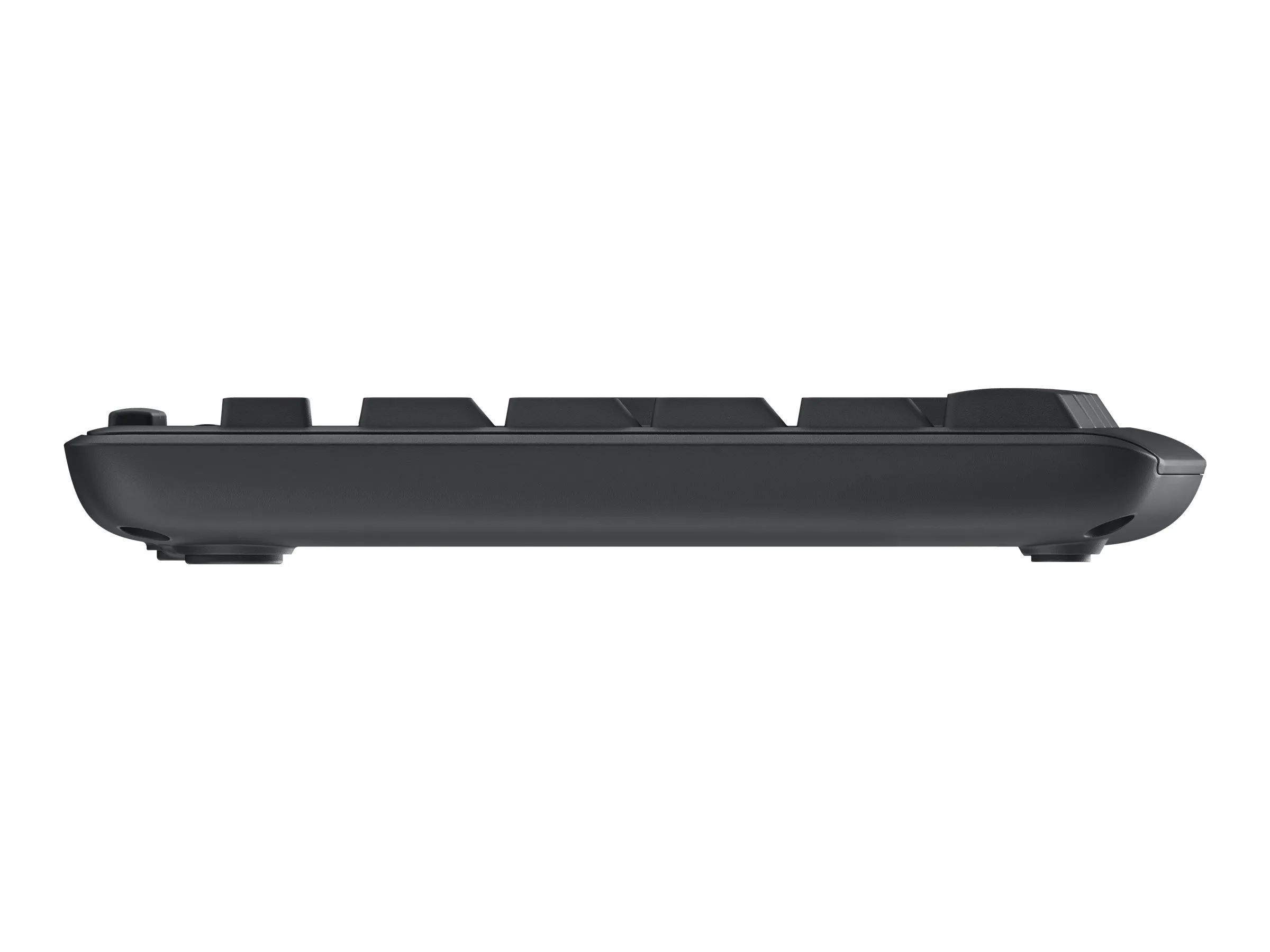 Niedrige Seitenansicht eines schwarzen Keyboards mit sichtbaren Tastenhöhen