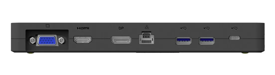 Rückseite der Fujitsu USB-C Dockingstation mit VGA, HDMI, DisplayPort, USB und LAN Anschlüssen