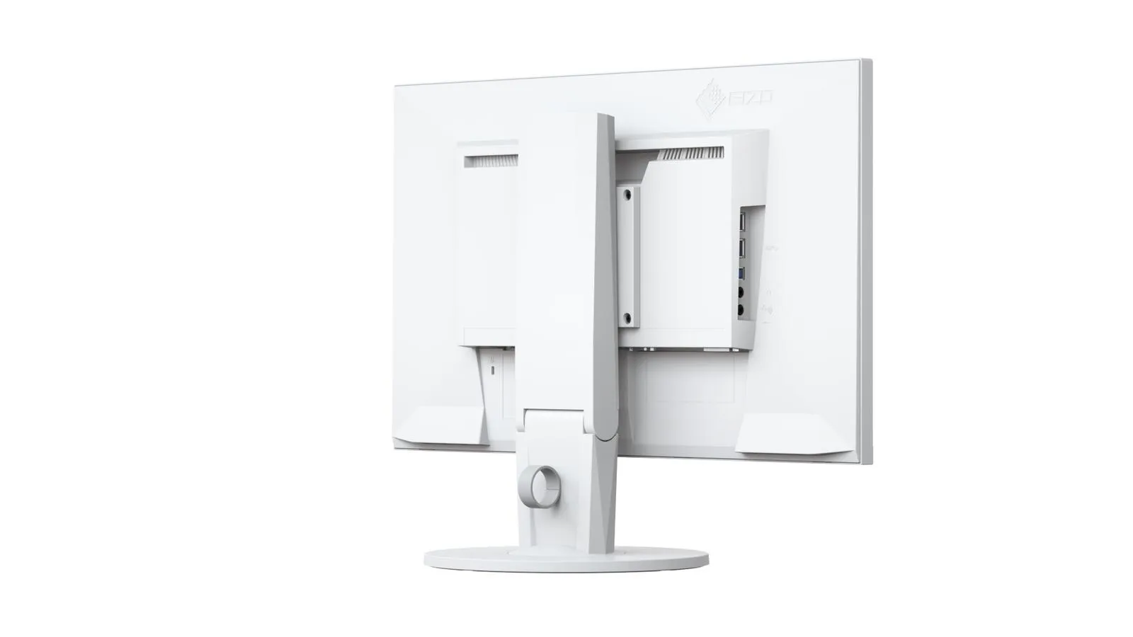 Weißer Eizo-Monitor von hinten aufgenommen, mit Standfuß und rückseitigem Anschlussmodul