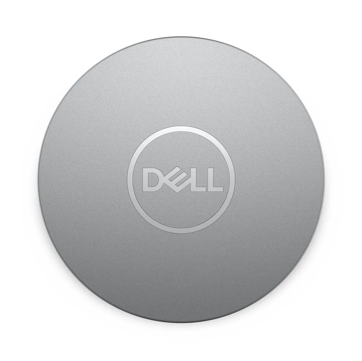Kreisförmiger Dell Adapter DA310 in silberner Optik, von oben fotografiert mit Dell-Logo