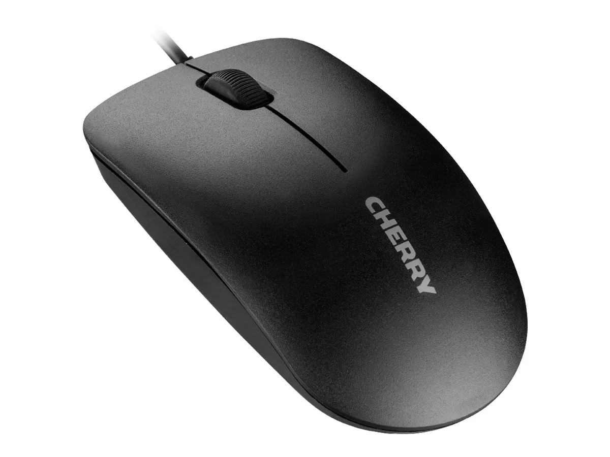 Schräg von oben aufgenommene CHERRY MC 1000 Maus mit dezentem Logo und Kabelanschluss