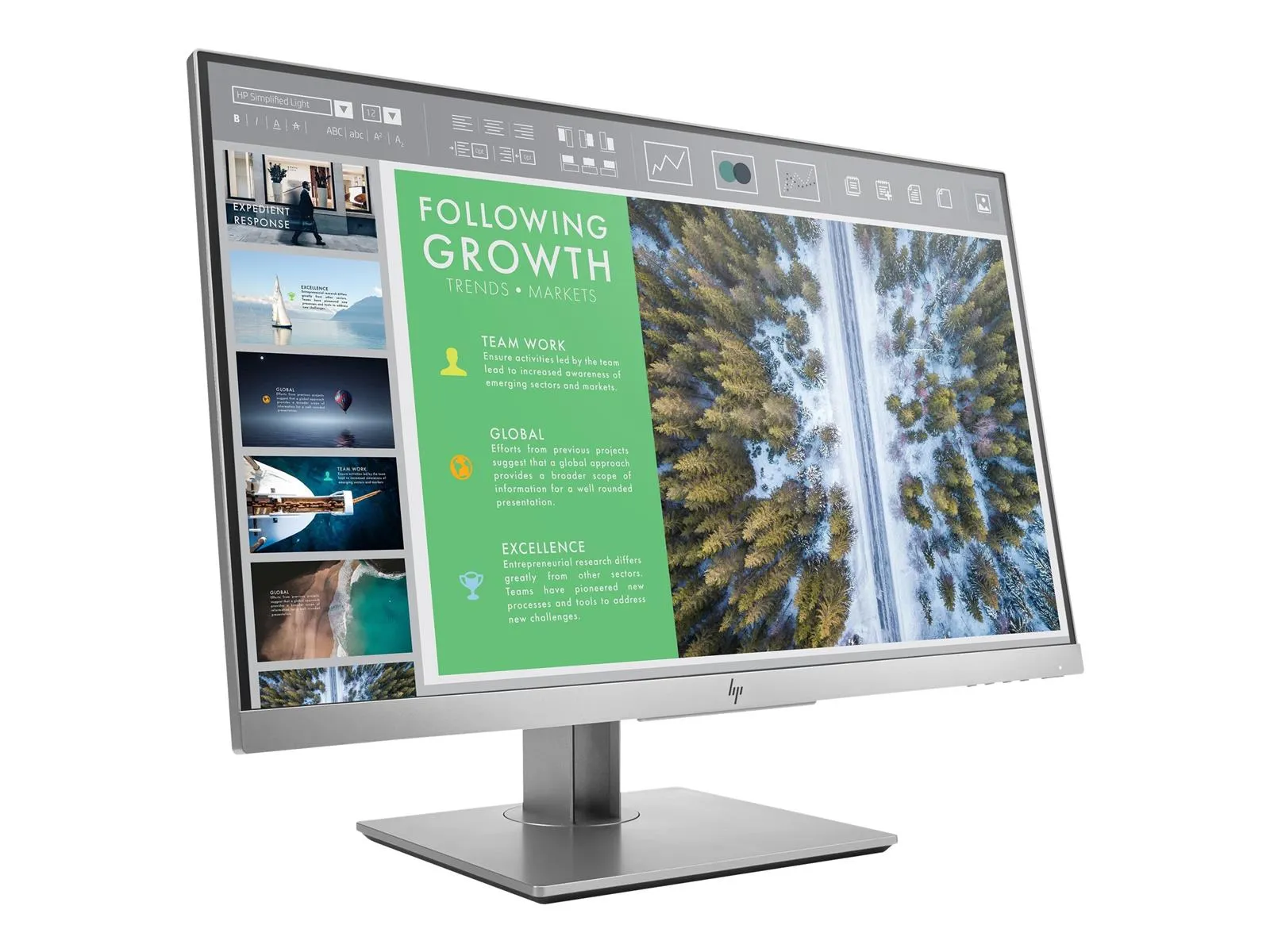 HP EliteDisplay Monitor mit Full HD Bildschirm und schlankem Design in schräger Ansicht