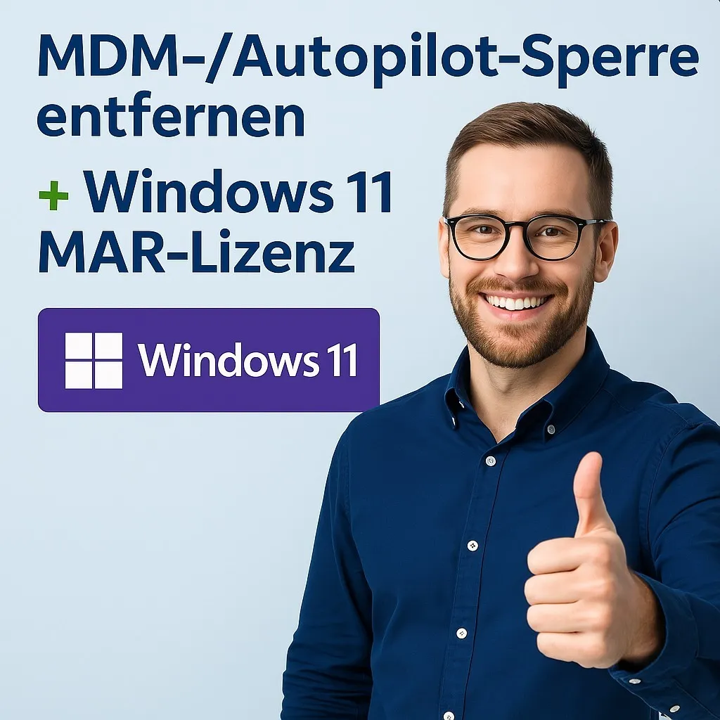 Werbegrafik mit Windows 11 Logo, Text zur MDM-Sperre und Daumen-hoch-Geste eines Mannes