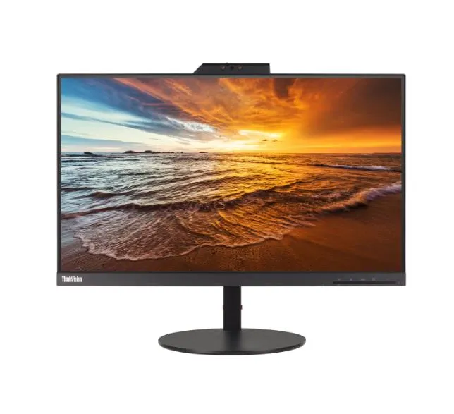 Frontalansicht eines Lenovo ThinkVision Monitors mit gestochen scharfem Sonnenuntergang am Strand