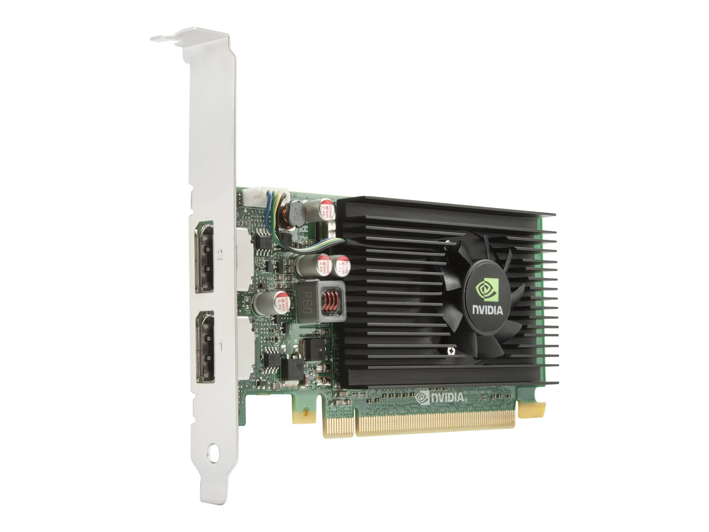 PCIe-Grafikkarte von NVIDIA mit schwarzem Lüfterkühler und Dual-DisplayPort-Ausgang