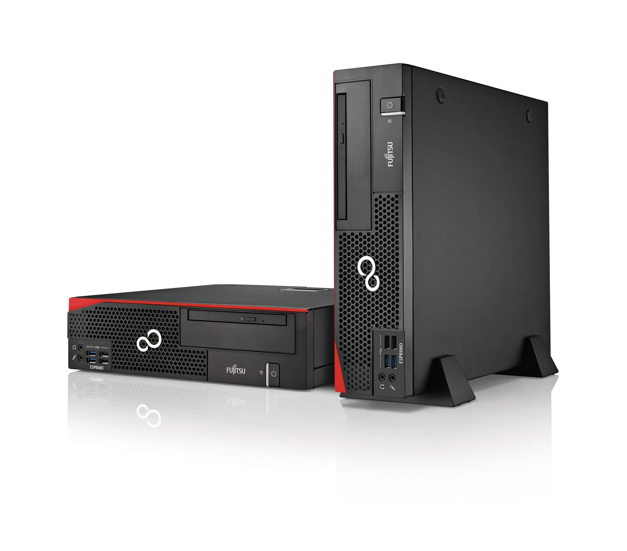 Zwei Fujitsu Esprimo Business-PCs, einer stehend und einer liegend, mit elegantem Schwarz-Rot-Design