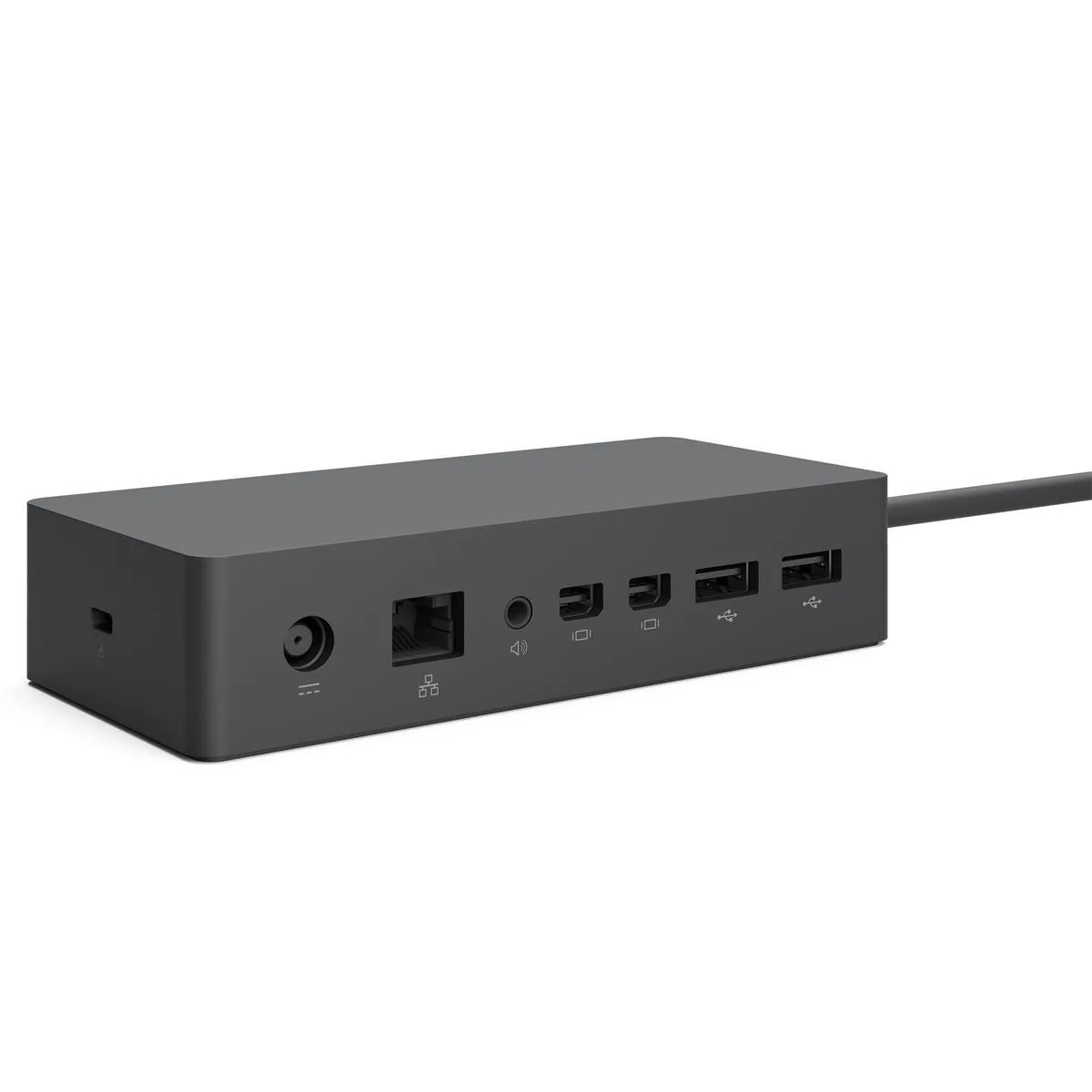 Microsoft Surface Docking Station Modell 1661 in Schwarz, schräg von hinten mit sichtbaren Anschlussports und fest integriertem Kabel
