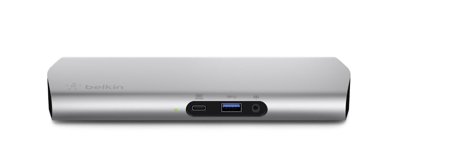 Belkin Dockingstation in Aluminiumoptik mit zwei USB-Anschlüssen und einer Audio-Buchse auf der Frontseite