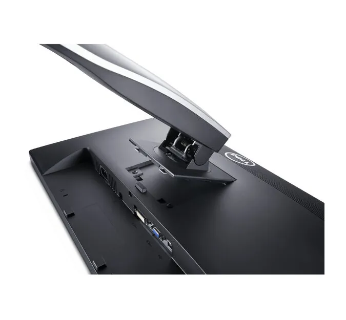 Rückseite eines Dell-Monitors mit montiertem Standfuß und geöffnetem Anschlussbereich