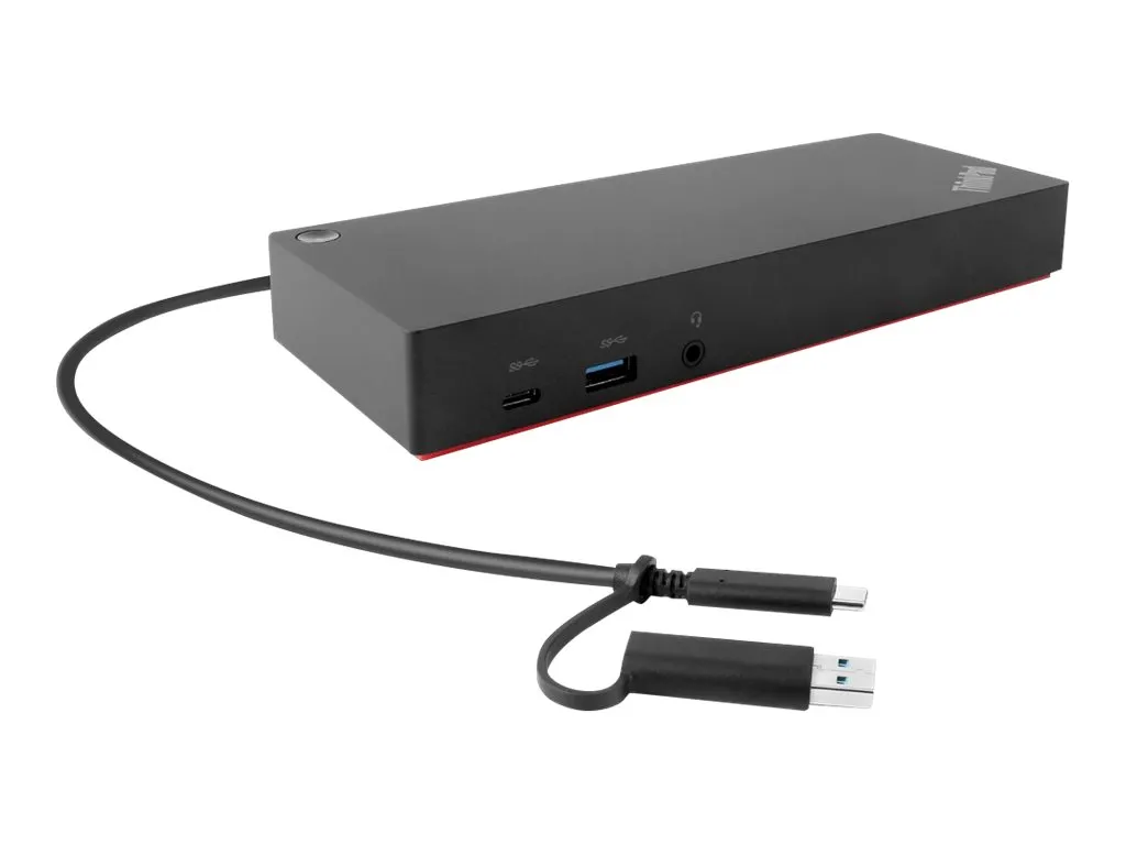 Lenovo ThinkPad Hybrid USB-C und USB-A Dock in schräger Ansicht mit Anschlusskabel und Adaptern.
