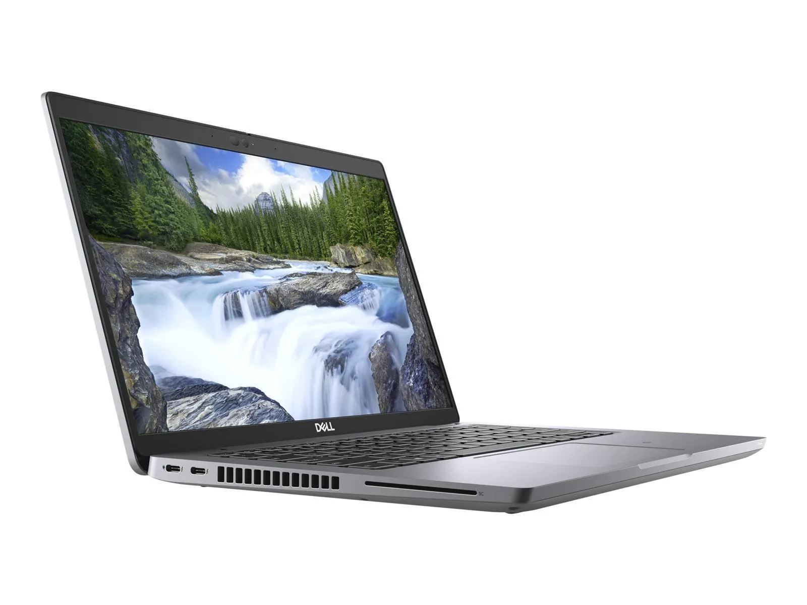 Dell Latitude E5420 Laptop in silber, geöffnet in schräger Frontansicht von links mit Naturmotiv auf dem Display und sichtbarer Tastatur
