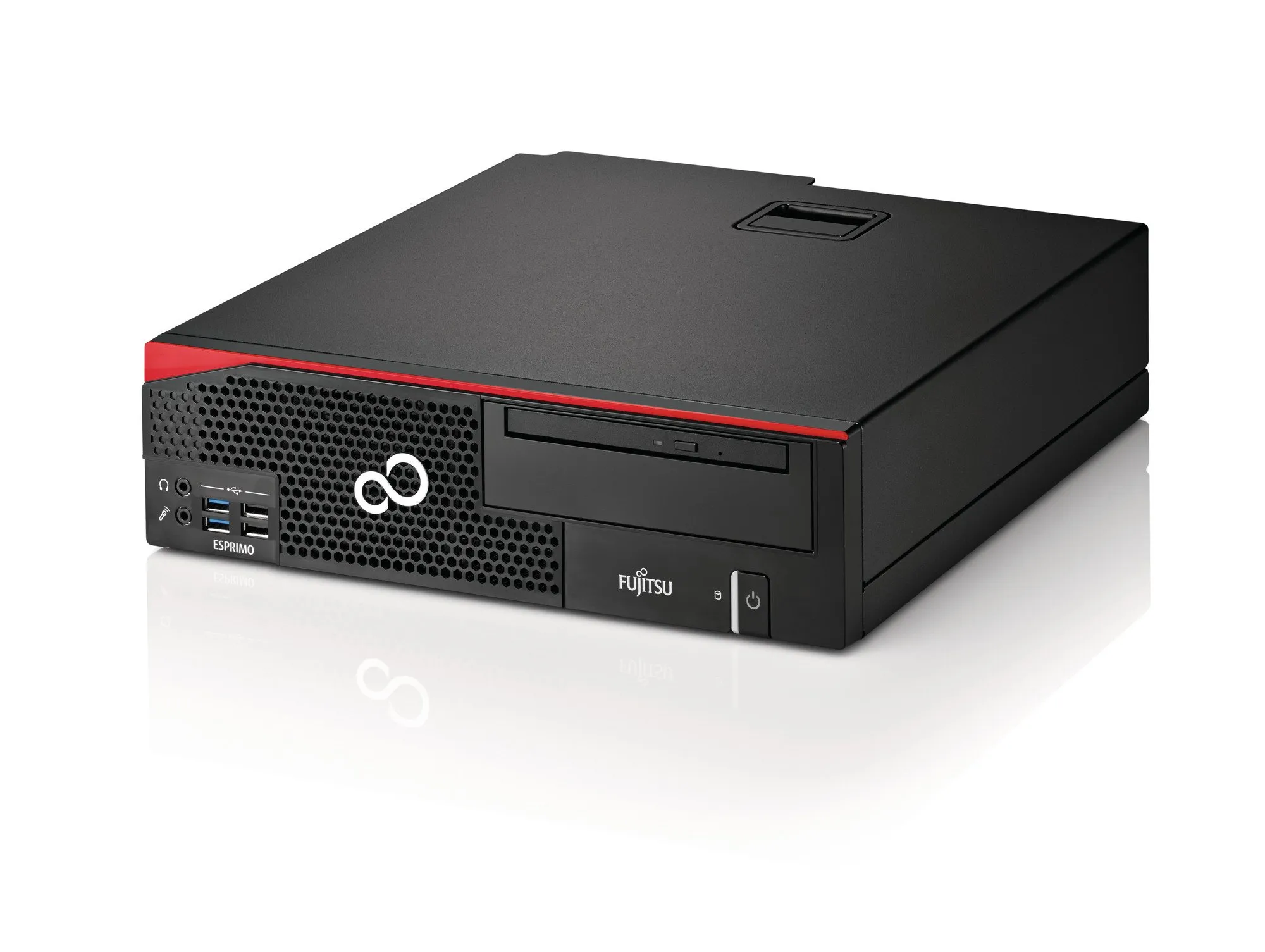 Fujitsu Esprimo SFF-PC mit USB-Anschlüssen, Lüftungsgitter und optischem Laufwerk an der Front